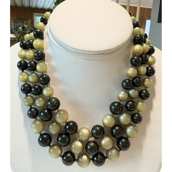 Vintage Trifari Signed Green Plastic Bead 3 Strand 16''- 18'' Necklace 60s Retro